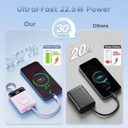 10000mAh Portable Charger,PD 22.5W Super Fast Charging Power Bank with Built-in Cables, Travel Keychain Battery Pack for iPhone 17/16/15/14/13/12,Apple Watch Ultra/11/10/9/8/7/6/SE (Purple)