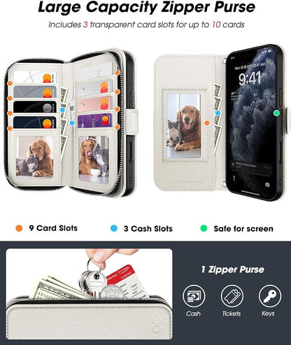 OCASE for iPhone 17 Pro Max Crossbody Wallet Case - Stylish PU Leather Handbag Phone Purse with Zipper Closure, Card Slots & RFID Blocking - Wrist Strap, Lanyard, Kickstand - Cream