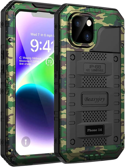 Beasyjoy for iPhone 14 Case Waterproof, Metal Heavy Duty Full Body Protective Case with Built-in Screen Protector, Military Grade Shockproof Dustproof Defender Rugged Cover 6.1 Inch, Camo