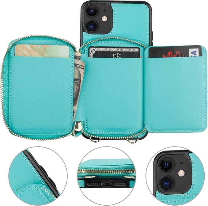 Bocasal RFID Blocking Wallet Case for iPhone 11, Adjustable Crossbody Zipper Purse Case Card Holder with Kickstand Detachable Wrist Strap, PU Leather Flip Folio Case 6.1 Inch (Mint Green)