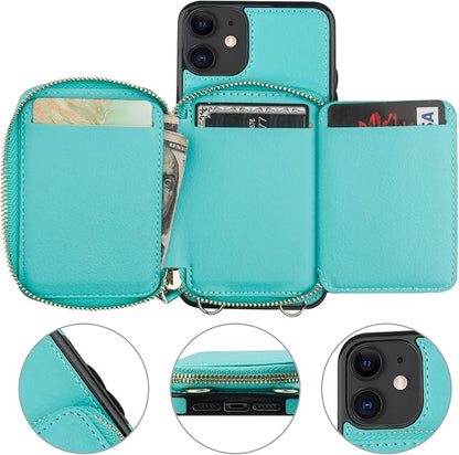 Bocasal RFID Blocking Wallet Case for iPhone 11, Adjustable Crossbody Zipper Purse Case Card Holder with Kickstand Detachable Wrist Strap, PU Leather Flip Folio Case 6.1 Inch (Mint Green)