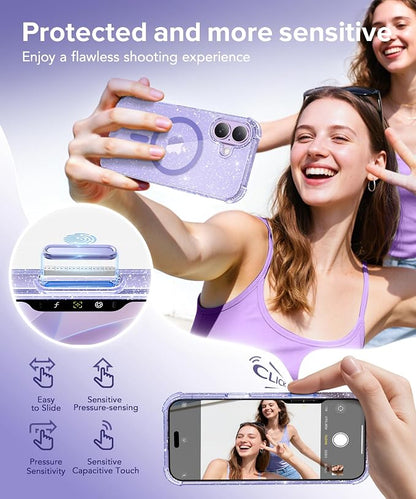 BERFY for iPhone 17 Case for Women, Clear Glitter Shockproof Protective Case, Anti-Yellowing, with Screen Protector & Camera Lens Protector 6.3", Magnetic Sparkle Purple