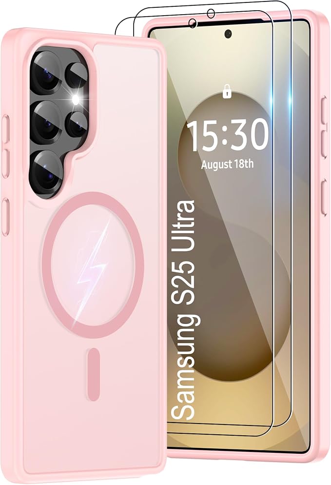 For Samsung Galaxy S25 Ultra Case [Compatible with Magsafe] Translucent Matte Magnetic S25 Ultra Phone Case,SlimThin Duty Shockproof Protection Cover with 2pc HD Screen Protector for S25 Ultra-Pink