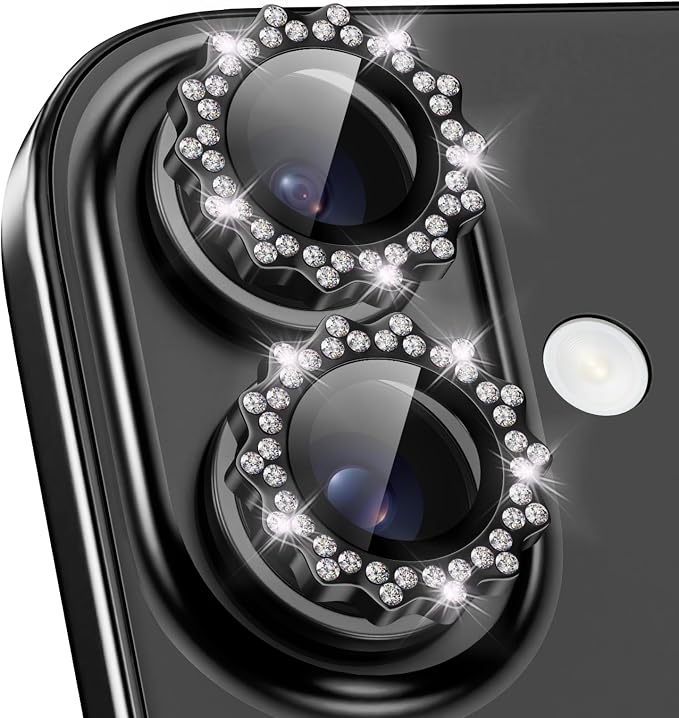 Xfilm for iPhone 16/16 Plus Camera Lens Protector Bling Individual Sun Design Diamond Ring 9H Hardness Scratchproof Protector, Stylish Phone Accessories, Case Friendly (Black)