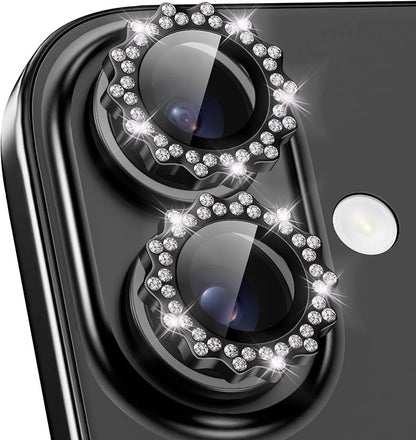 Xfilm for iPhone 16/16 Plus Camera Lens Protector Bling Individual Sun Design Diamond Ring 9H Hardness Scratchproof Protector, Stylish Phone Accessories, Case Friendly (Black)