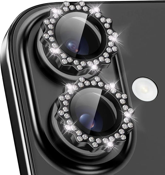 Xfilm for iPhone 16/16 Plus Camera Lens Protector Bling Individual Sun Design Diamond Ring 9H Hardness Scratchproof Protector, Stylish Phone Accessories, Case Friendly (Black)