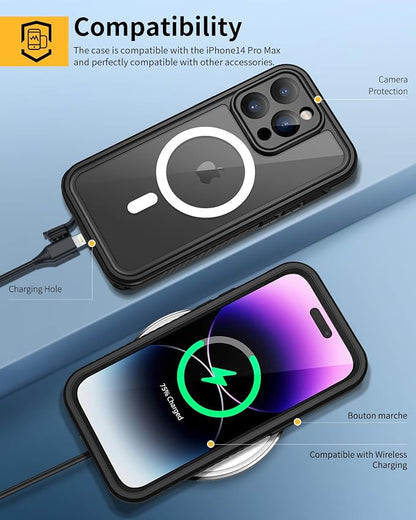 Lanhiem for iPhone 14 Pro Magnetic Case, Waterproof Dustproof Shockproof Case with Built-in Screen Protector Compatible with Magsafe, Full Body Protective Cover for iPhone 14 Pro 6.1 inch -Black