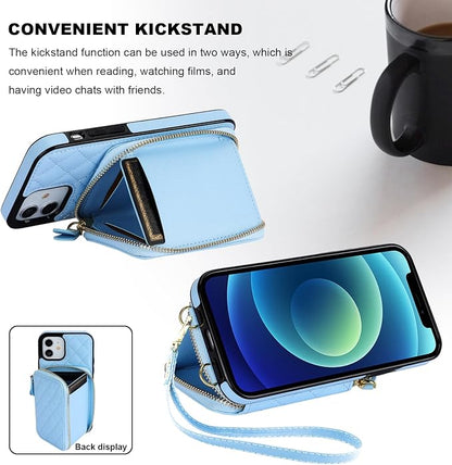 Bocasal Crossbody Wallet Case for iPhone 12/12 Pro, RFID Blocking PU Leather Zipper Handbag Purse Flip Cover, Kickstand Folio Case with Card Slots Holder Wrist Strap Lanyard 5G 6.1 Inch (Blue)