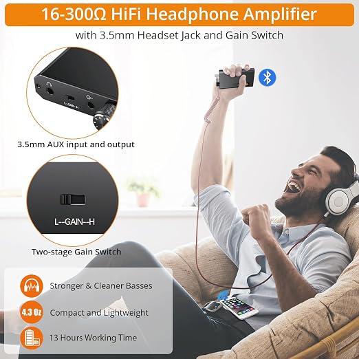 Neoteck Portable 3.5mm Headphone Amplifier with Bluetooth 5.0 Receiver, Two-Stage Gain Switch, 16-300 Ohm HiFi Earphone Amp, Aluminum Matte Surface