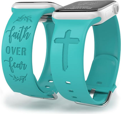 Faith Over Fear Watch Band compatible with Apple Watch Laser Engraved iWatch Band Silicone 38mm 40mm 41mm 42mm 44mm 45mm 49mm Strap Jesus Psalm Christian God (38/40/41/42mm M/L, Lake Blue)