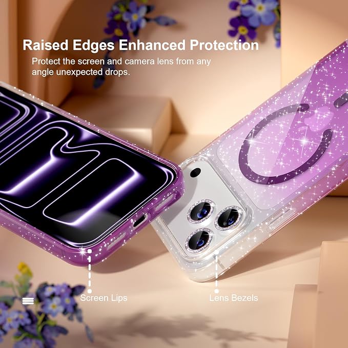 Choiche Magnetic for iPhone 17 Pro Case Compatible with MagSafe, Women Cute Glitter Sparkly Phone Case with Diamond Camera Lens Protectors, Military-Grade Drop Protection 6.3" (Clear/Purple)