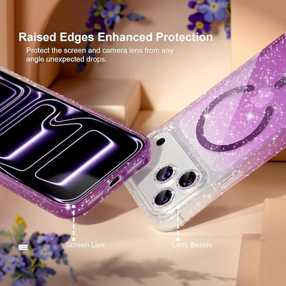 Choiche Magnetic for iPhone 17 Pro Max Case Compatible with MagSafe, Women Cute Glitter Sparkly Phone Case with Diamond Camera Lens Protectors, Military-Grade Drop Protection 6.9" (Clear/Purple)