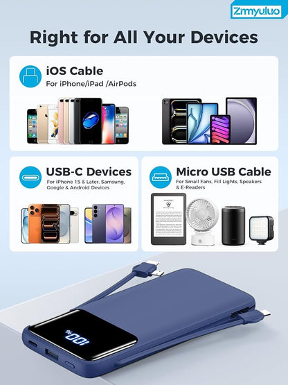 Portable Charger 10000mAh Power Bank with Built-in Cables and Wall Plug, Slim Fast Charging USB-C Battery Pack, Travel Essential Portable Phone Charger Compatible with iPhone, Samsung(Navy)
