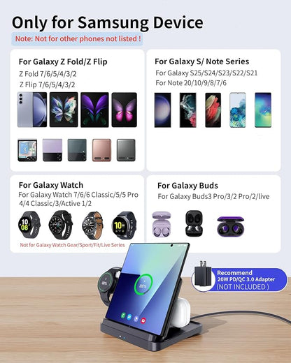 for Samsung Galaxy Z Fold 7 6 5 4 Wireless Charger Station, Foldable 3 in 1 Wireless Charging Stand for Z Flip7 S25 Ultra/Galaxy Watch/Galaxy Buds, Charger Stand Dock for Travel