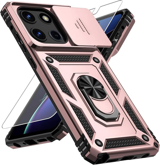 Weycolor for Moto G Stylus 2025 Case with Camera Lens Cover, HD Screen Protector, 10 FT Military Grade Drop Protection, Magnetic Ring Holder Kickstand Protective Phone Case, Rose Gold