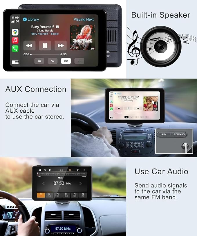 7" Wireless Apple CarPlay & Android Auto Car Screen, HD Portable/Double Din Car Stereo with GPS Navigation, Backup Camera, Voice Control, Bluetooth, FM Radio for All Cars