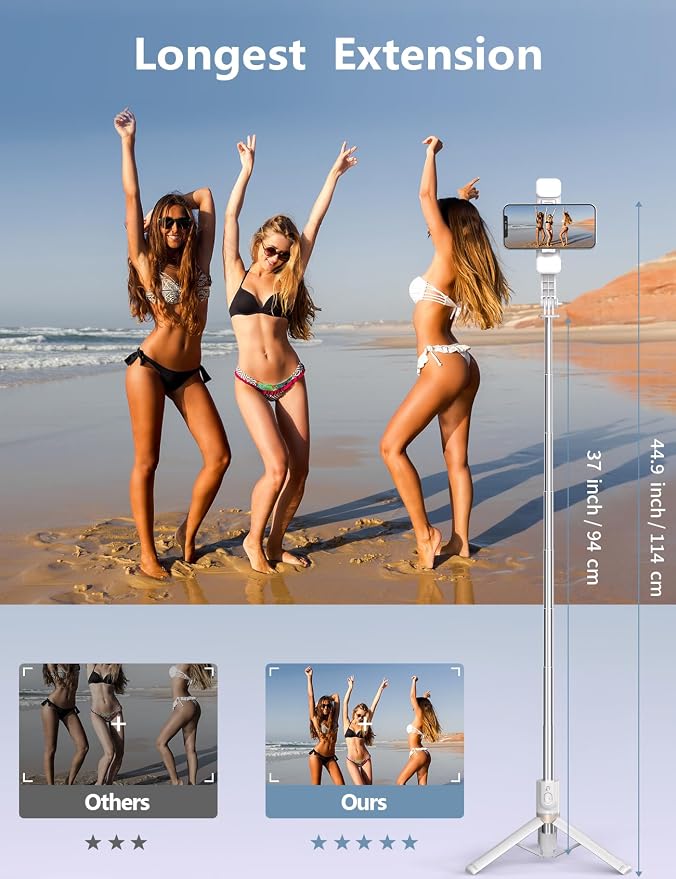 45'' Selfie Stick with Light, Travel Tripod Essentials with Wireless Remote, Portable Cell Phone Tripod Stand, Beach Cruise Ship Essentials for Family, Compatible with 4-7.2" All Smartphone