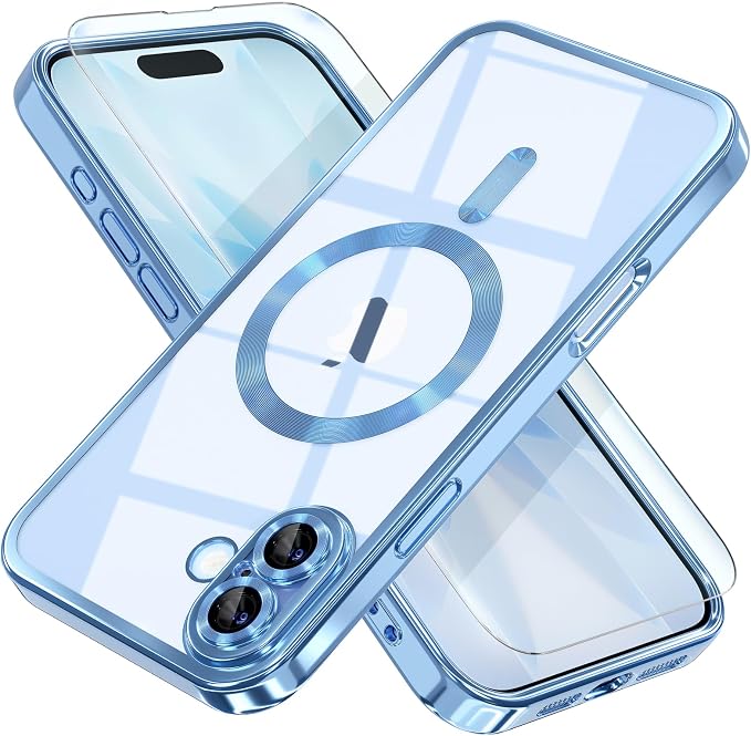 Misea Magnetic for iPhone 17 Case Compatible with MagSafe [Never Yellowing] [Military Grade Drop Protection] Full Camera Lens Protector Plating Soft Clear Phone Case for Women, Mist Blue