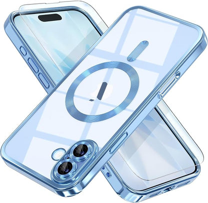 Misea Magnetic for iPhone 17 Case Compatible with MagSafe [Never Yellowing] [Military Grade Drop Protection] Full Camera Lens Protector Plating Soft Clear Phone Case for Women, Mist Blue