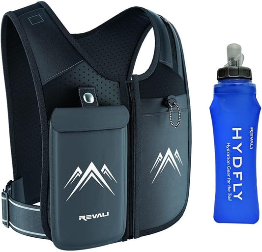 REVALI Running Vest, USA Original Patent, Zip Reflective Running Vests with 500ml Hydration Bottle, Adjustable Waistband & Breathable Material, Chest Pack Gear Phone Holder for Men & Women