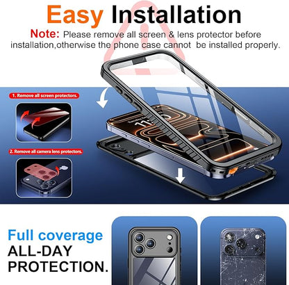 SPIDERCASE for iPhone 17 Pro Max Case Waterproof, Built-in Lens & Screen Protector, Full Heavy Duty Protection, 12FT Military Shockproof, Dustproof, Anti-Scratched Phone Case,Black/Clear
