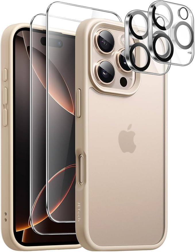 JETech 5 in 1 Matte Case for iPhone 16 Pro Max 6.9-Inch with 2-Pack Each Tempered Glass Screen Protector and Camera Lens Protector, Translucent Back Shockproof Phone Cover (Desert Titanium)