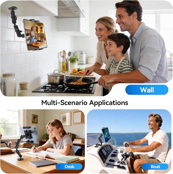 OHLPRO Heavy Duty Drill Base Tablet Mount for Car & Truck Dashboard Holder with 360° Adjustable 3-Stage Arm for 5-13" iPads Tablets & Phones Kindle, Mounting for Commercial Vehicles Boat Wall Desk