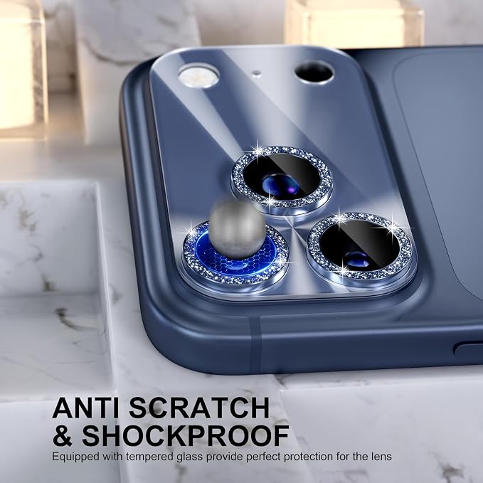 Choiche Compatible for iPhone 17 Pro Max Camera Lens Protector, Bling Camera Cover with 9H Tempered Glass Lens Screen Protector Metal Ring Decoration Accessories 6.9-inch (Light-Blue)