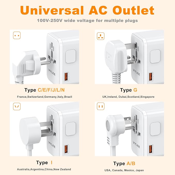 VYLEE PD100W GaN Universal Travel Adapter, International Power Adapter in One, 3 USB C & 1 USB A & AC Outlet, Travel Adapter Worldwide Plug Adapter with USA EU UK AUS Plugs (White)