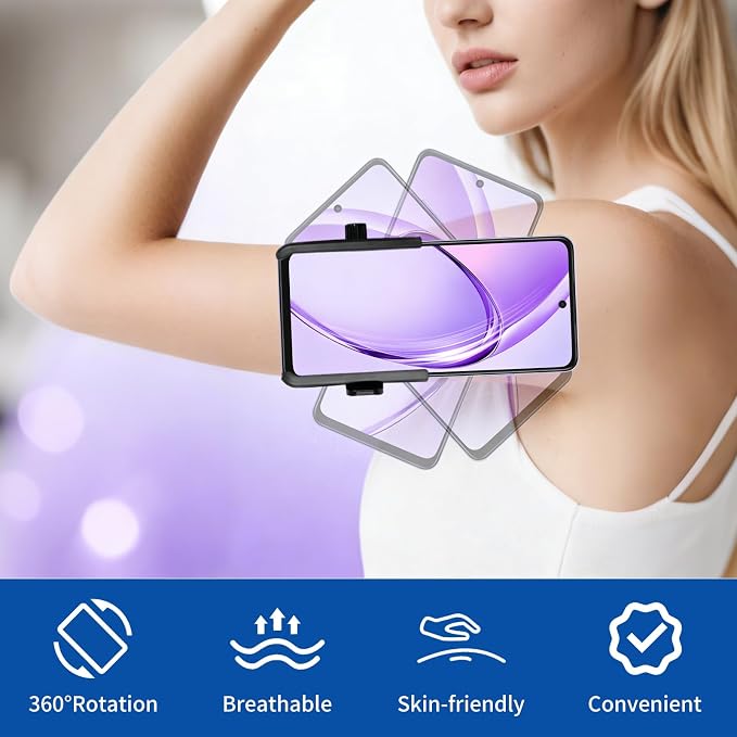 Armband Phone Holder, No Screen Blocking, 360° Rotating Arm Phone Mount, Memory Lock, Quick Release, for Android, iPhone 17/16/15/14/13 Pro Max/Pro/Mini/12/11/SE/Xs/XR/8 Plus, Fits 4–6.7" Phones