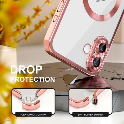 Misea Magnetic for iPhone 17 Case Compatible with MagSafe [Never Yellowing] [Military Grade Drop Protection] Full Camera Lens Protector Plating Soft Clear Phone Case for Women, Pink