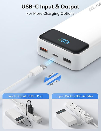 Portable Charger, 20000mAh 22.5W Fast Charging Power Bank with 4 Built-in Cables, Travel Essentials External Battery Pack with LED Display, 6 Outputs Charging Bank for iPhone, iPad, Samsung etc White