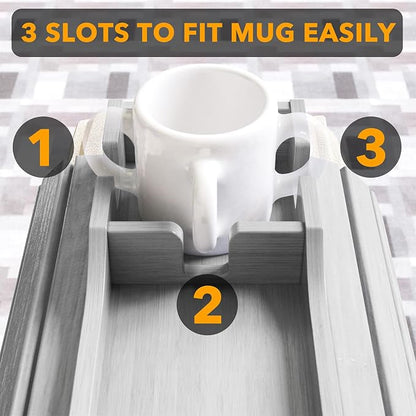 SpaceAid Bamboo Couch Cup Holder, Anti Falling Foldable Sofa Armrest Tray with Cup Holder, Couch Arm Side Table Organizer for Drink Cup Remote Snacks (Gray) (Pack of 2)