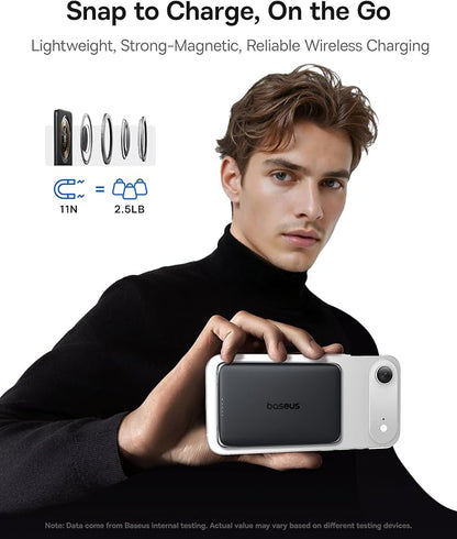 Baseus Picogo Power Bank, 0.3" Ultra Slim 5000mAh MagSafe Battery Pack, Update Polished Alloy Magnetic Portable Charger, Wireless Charger with USB-C Cable for iPhone 17 Pro Max/17 Air/16/15/14/13/12