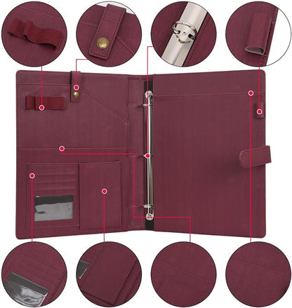 Wonderpool A4 PU Leather Portfolio Holder Ring File Document Case with Removable Binder Clipboard, Multi Pocket and Legal Pad for Business Organizer Interview and Meeting (Wine red)