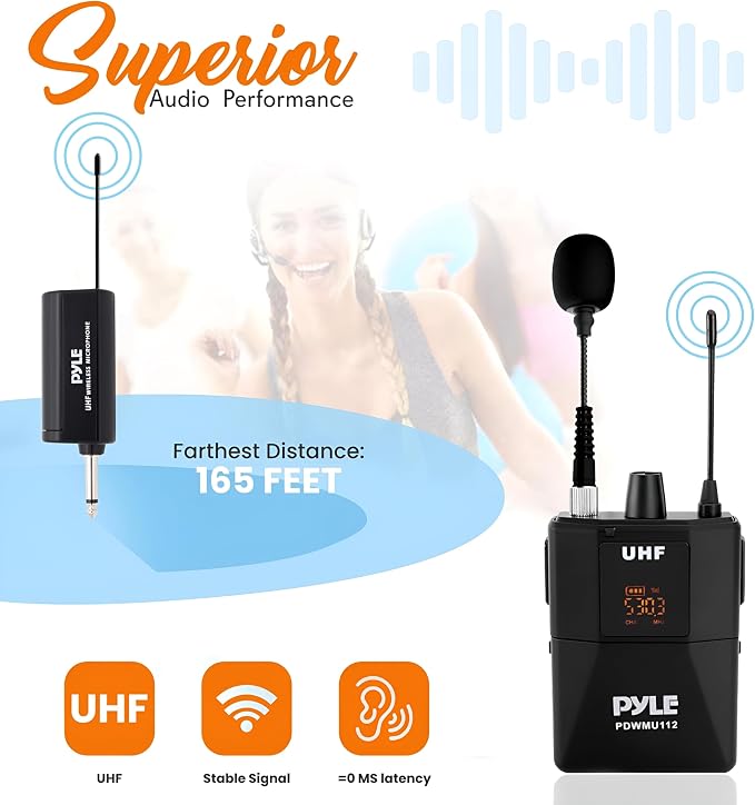 Pyle UHF Wireless Microphone System Kit - Portable Professional Cordless Microphone Set with Headset, Lavalier, Beltpack Transmitter, Receiver - Karaoke & Conference