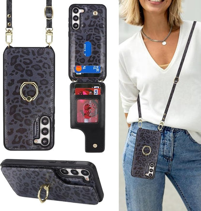 Lipvina for Samsung Galaxy S22 Case with Card Holder and Strap for Women,Crossbody Lanyard,RFID Blocking,Ring Stand,Snap Clasp,Cute Phone Wallet Cases 6.1 inch(Black Leopard)
