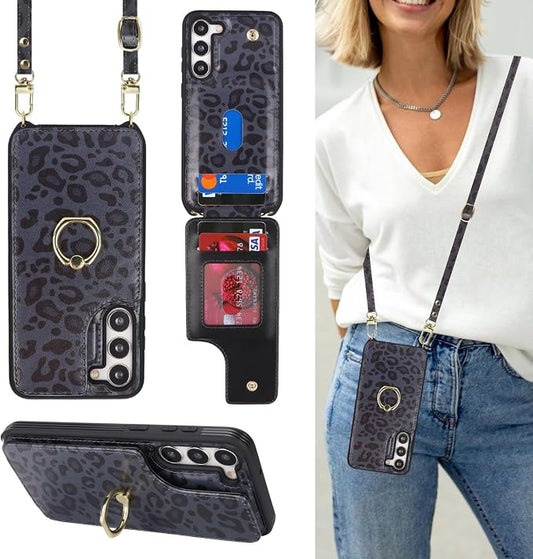 Lipvina for Samsung Galaxy S22 Case with Card Holder and Strap for Women,Crossbody Lanyard,RFID Blocking,Ring Stand,Snap Clasp,Cute Phone Wallet Cases 6.1 inch(Black Leopard)