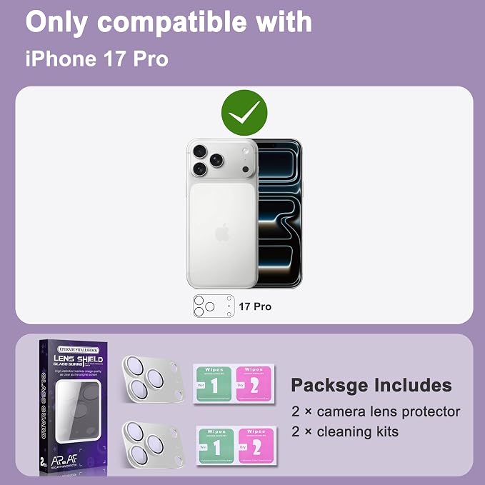 2 Pack Camera Lens Protector for iPhone 17 Pro,[Not Easy to Breakn ] AR Tempered Glass Strong Adsorption Metal Camera Cover Screen-Silvery