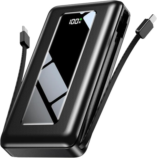 Power Bank, 50000mAh Portable Charger, Travel Camping Essential Battery Pack with Built-in Cables, PD 22.5W Fast Charging, Large Capacity Portable Phone Charger, Jet Black