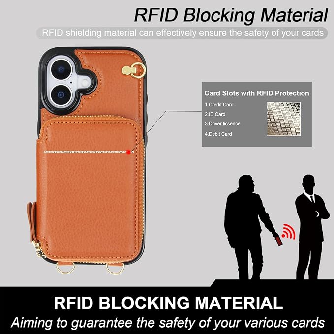Bocasal Crossbody Wallet Case for iPhone 17, RFID Blocking Leather Purse Case with Card Holder, Protective Handbag Flip Cover with Zipper Wrist Strap Lanyard for Women 5G 6.3 Inch (Brown)