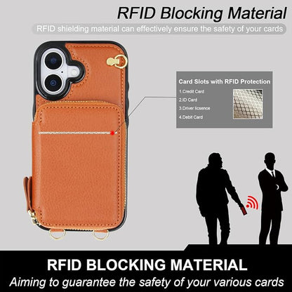 Bocasal Crossbody Wallet Case for iPhone 17, RFID Blocking Leather Purse Case with Card Holder, Protective Handbag Flip Cover with Zipper Wrist Strap Lanyard for Women 5G 6.3 Inch (Brown)