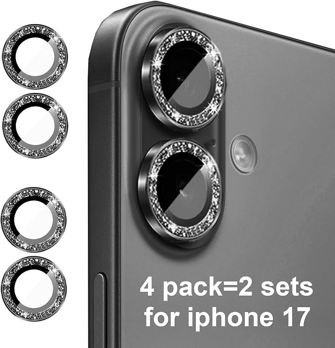 Compatible for iPhone 17/17 Pro/iPhone 17 Pro Max Camera Lens Protector Bling, Cute Sparkle Glitter Camera Cover for Women, Individual Ring, Anti-Scratch (3 Protectors + 1 Extra), Black