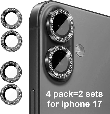 Compatible for iPhone 17/17 Pro/iPhone 17 Pro Max Camera Lens Protector Bling, Cute Sparkle Glitter Camera Cover for Women, Individual Ring, Anti-Scratch (3 Protectors + 1 Extra), Black