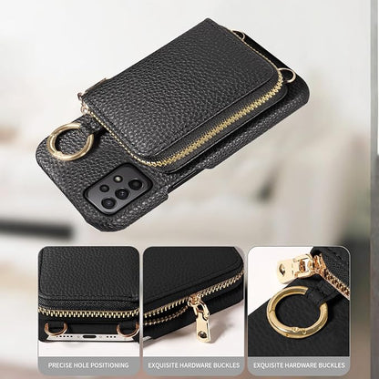 Wallet Case for Samsung Galaxy A32 5G 2021 6.5 inch with Shoulder Strap Ring Buckle, Zipper Flip Organ Purse, Credit Card Holder Stand Phone Cover for M32 G5 A 32 32A S32 SM-A326U A326U Black