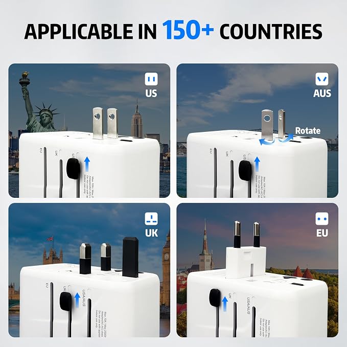 EP 65W International Travel Adapter, Universal Power Charger Outlet with 3 USB-C and 2 USB-A Ports, Worldwide Plug Adaptor Wall Charger, Compatible with US/CA/EU/UK/AU/JP ＆ 150+ Countries - White