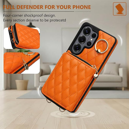 Keallce Case for Samsung Galaxy S26 Ultra 6.9'' Wallet Case,Crossbody Zipper Purse Wrist Strap Lanyard Handbag,RFID Blocking Card Slots,Flip Leather Cover for Samsung S26 Ultra,Orange