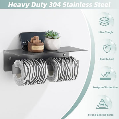 APLusee Gunmetal Gray Double Toilet Paper Holder with Shelf, 304 Stainless Steel Bathroom Tissue Roll Holder, Wall Mounted Paper Dispenser for Bathroom Kitchen, Fits Mega Rolls