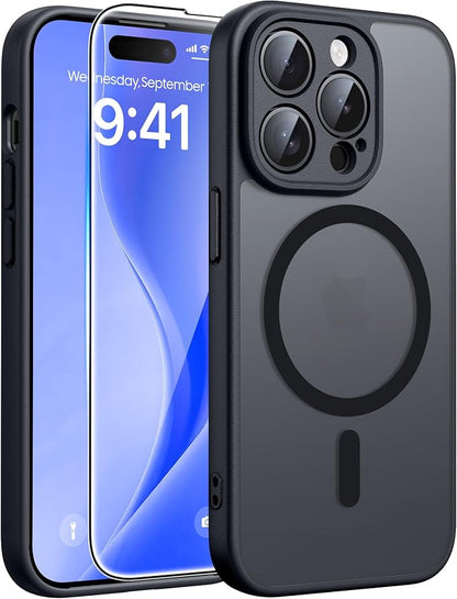 FNTCASE for iPhone 14 Pro Max Case: Magnetic Translucent Matte Slim Cases [Tempered Glass Screen Protector] [Full Camera Protection] Military Grade Shockproof Protective Phone Cover - Black