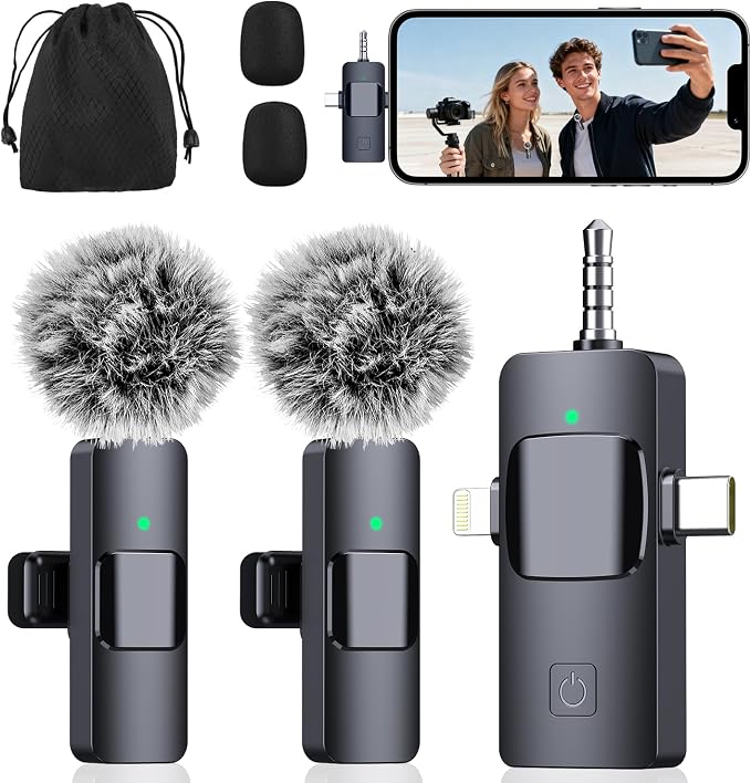 3-in-1 Microphone for iPhone, Android, Camera, Wireless Microphones, Mini Microphone, Lapel Mic with Noise Reduction, Crystal Clear Sound & 7H Battery for Recording, YouTube, Podcast